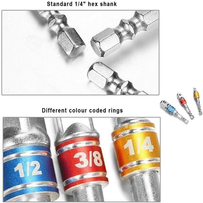 CIGOTU Impact Grade Socket Adapter/Extension Set Turns Power Drill Into High Speed Nut Driver,1/4-Inch Hex Shank to Drive for Adapters to Use with Drill Chucks, Sizes 1/4" 3/8" 1/2", Cr-V, 3-Piece - Image 5